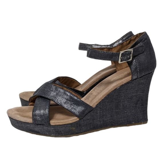 TOMS Metallic Denim Strappy Wedge Heels 12 - Picture 4 of 12